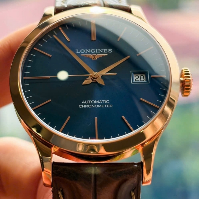 Longines Record 18K Au750 mặt xanh dương - Vàng hồng dây da Auto 1