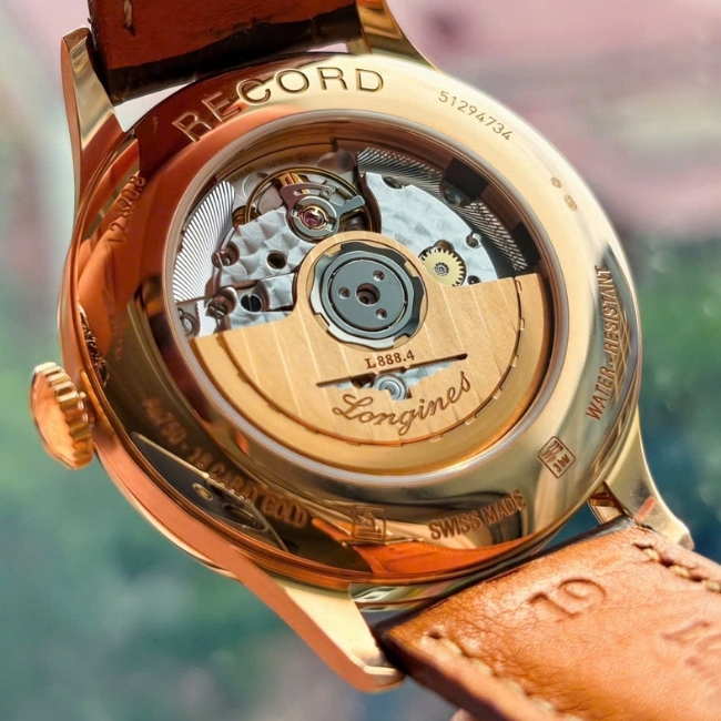Longines Record 18K Au750 mặt xanh dương - Vàng hồng dây da Auto 2