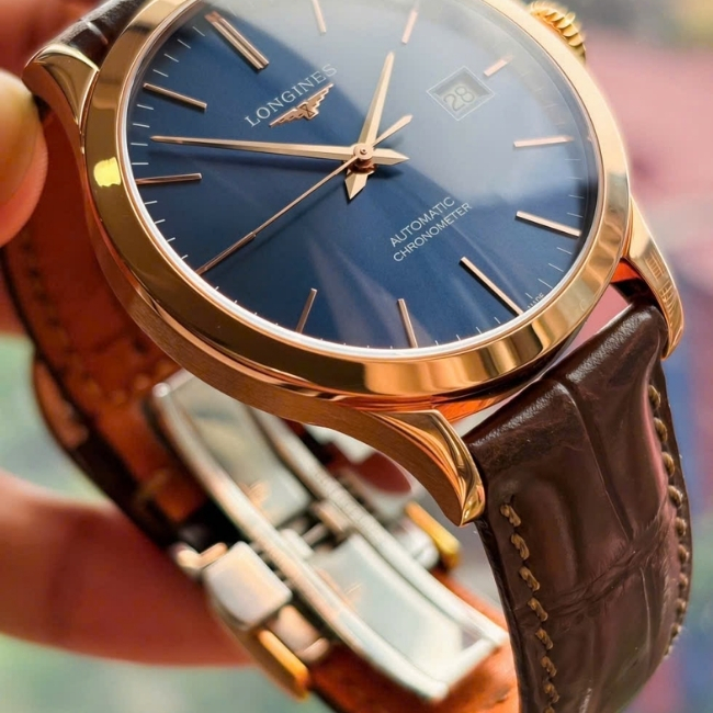Longines Record 18K Au750 mặt xanh dương - Vàng hồng dây da Auto 3