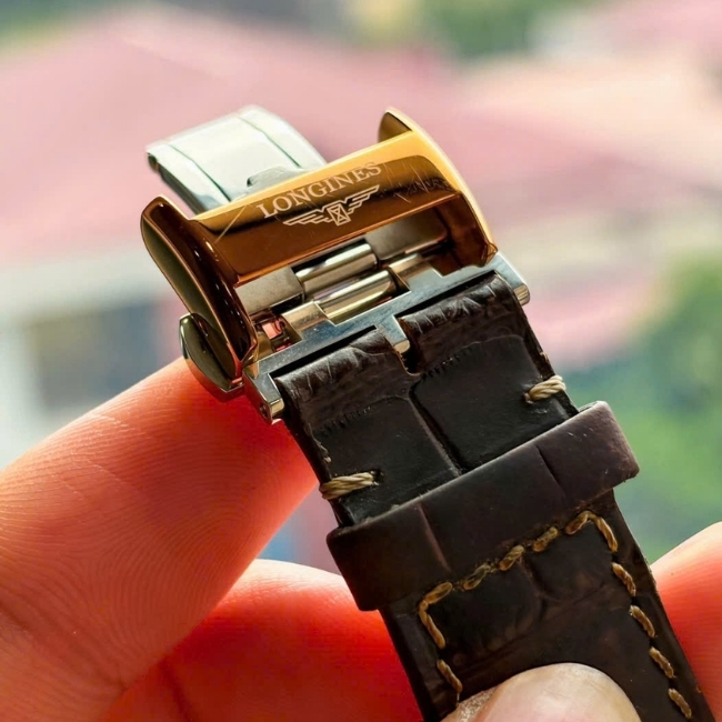 Longines Record 18K Au750 mặt xanh dương - Vàng hồng dây da Auto 4