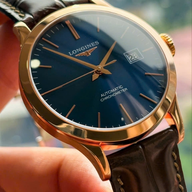 Longines Record 18K Au750 mặt xanh dương - Vàng hồng dây da Auto 5