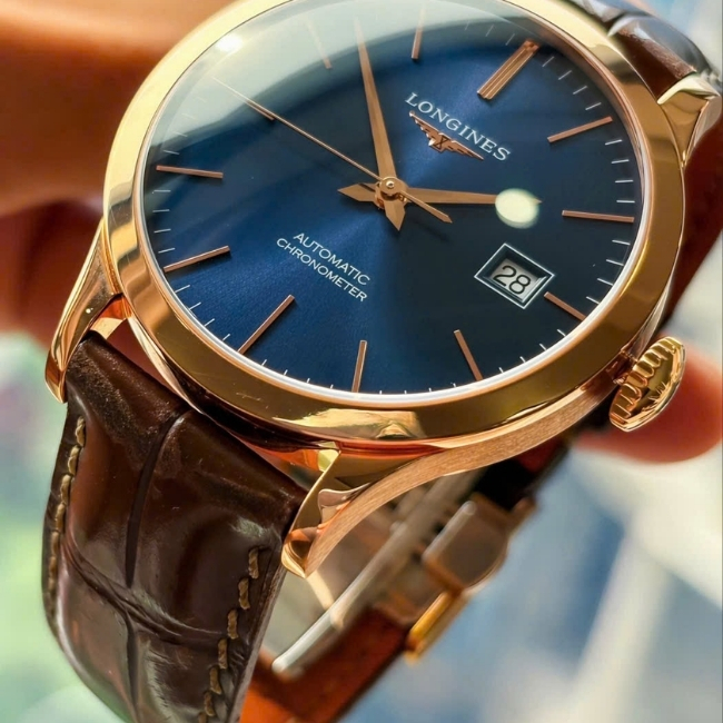 Longines Record 18K Au750 mặt xanh dương - Vàng hồng dây da Auto 6