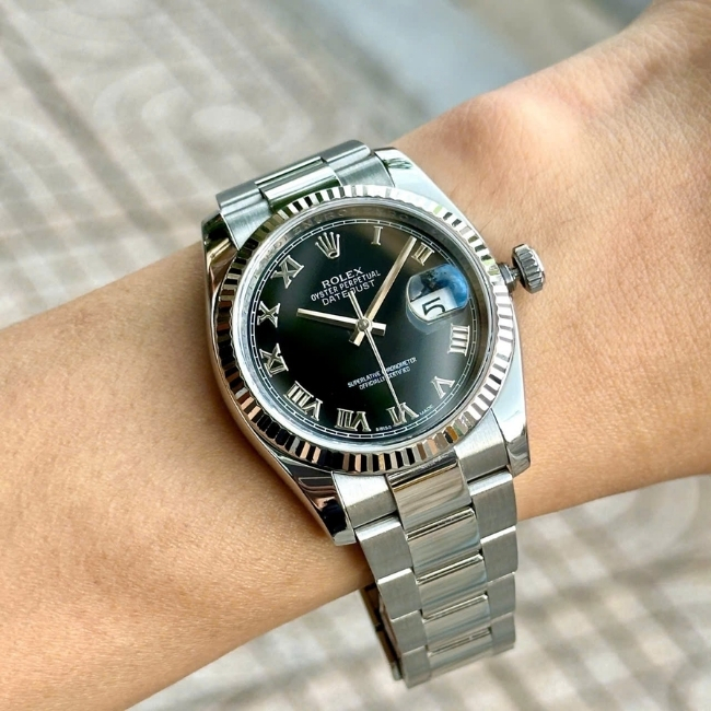 Rolex 116234 Datejust black Roman Dial Oyster seri random dây tóc xanh 4