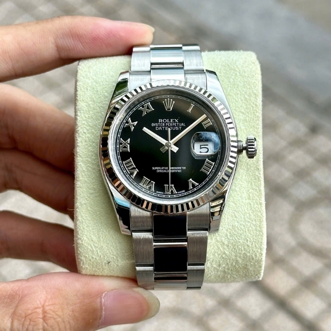 Rolex 116234 Datejust black Roman Dial Oyster seri random dây tóc xanh 5