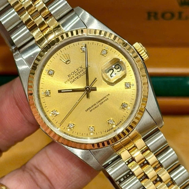 Rolex Date just 5 số 16233 Diamond Champagne Dial – dây Jubilee 36mm Demi 18k 2
