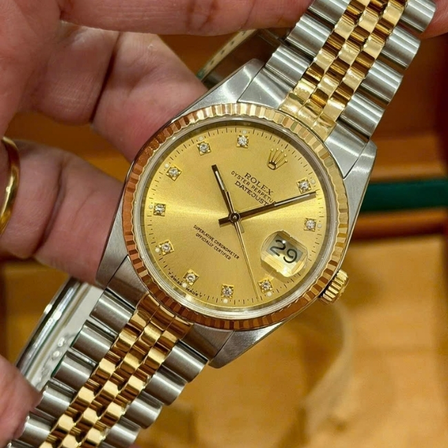 Rolex Date just 5 số 16233 Diamond Champagne Dial – dây Jubilee 36mm Demi 18k 3