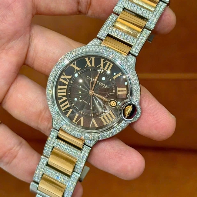 Cartier Ballon Bleu W6920032 custom Diamond - Dial brown - Demi vàng 18k Automatic 2