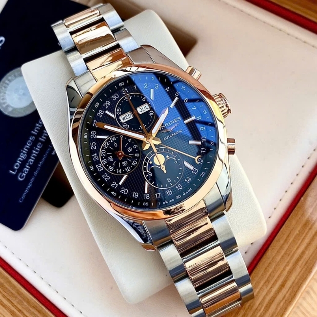 Longines Conquest Chronograph trăng sao full lịch - Black Dial - Demi hồng 18k 1