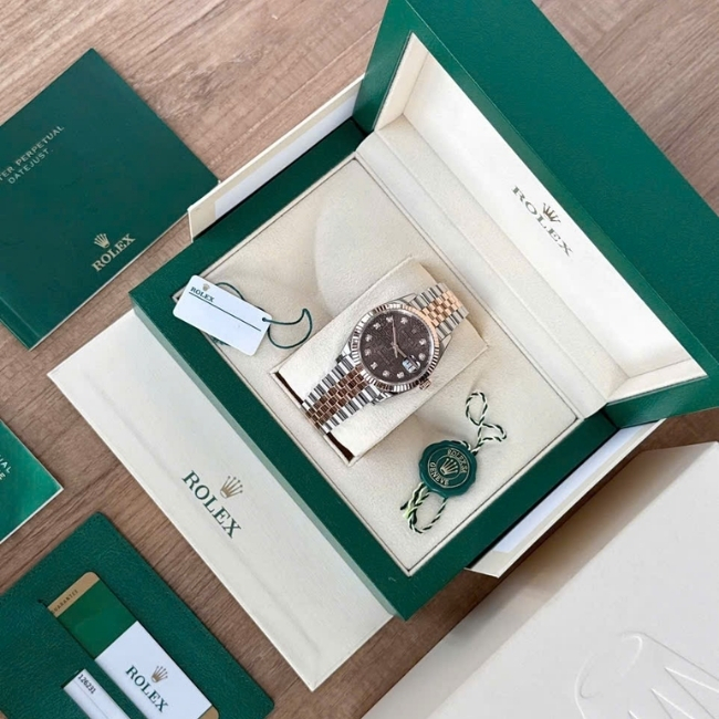 Rolex 126231 vi tính nâu - 36mm Demi hồng 18k - Cọc số kim cương Jubilee 1
