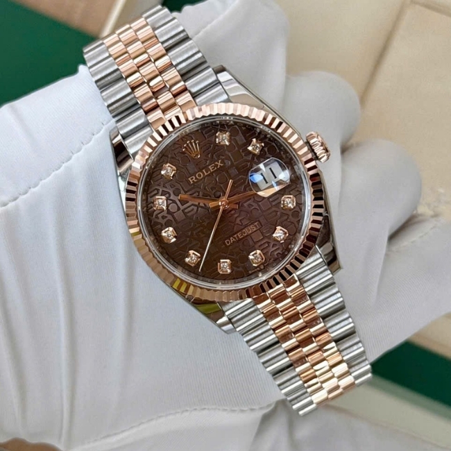 Rolex 126231 vi tính nâu - 36mm Demi hồng 18k - Cọc số kim cương Jubilee 2