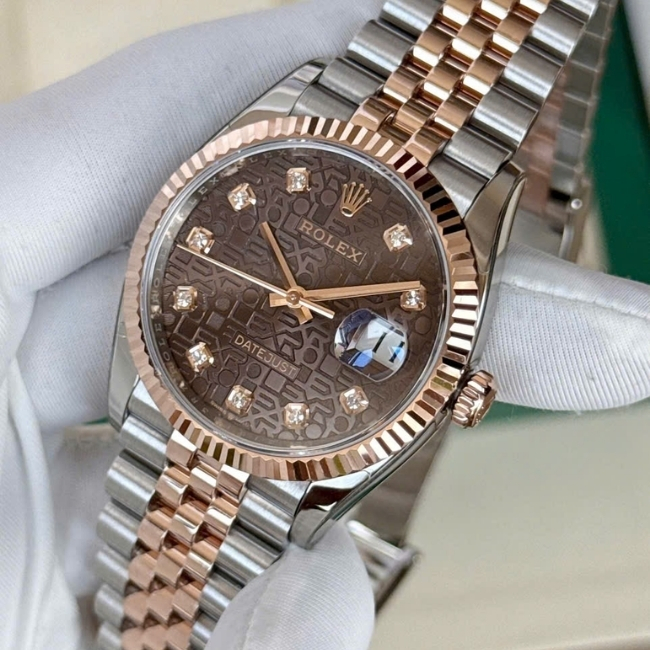 Rolex 126231 vi tính nâu - 36mm Demi hồng 18k - Cọc số kim cương Jubilee 3