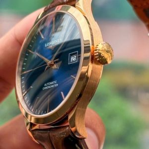 Longines Record 18k Rose Gold 38.5mm xanh trải tia Automatic 3