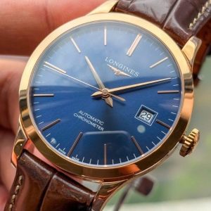 Longines Record 18k Rose Gold 38.5mm xanh trải tia Automatic 5
