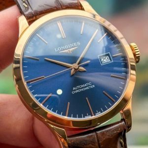 Longines Record 18k Rose Gold 38.5mm xanh trải tia Automatic 6