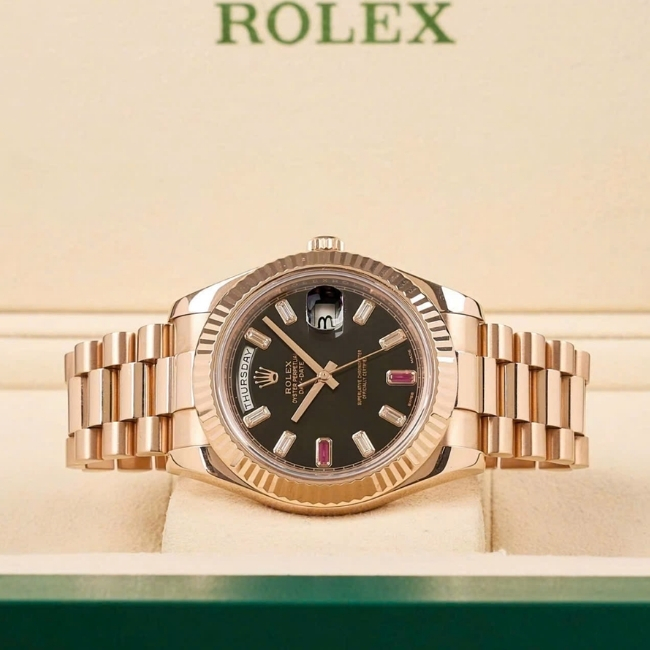 Rolex Day-Date 218235 vàng hồng 18k 41mm mặt đen cọc số Diamond baguette ruby đỏ 69 2