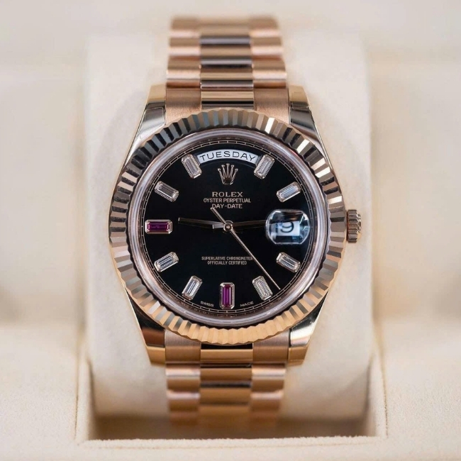 Rolex Day-Date 218235 vàng hồng 18k 41mm mặt đen cọc số Diamond baguette ruby đỏ 69 4