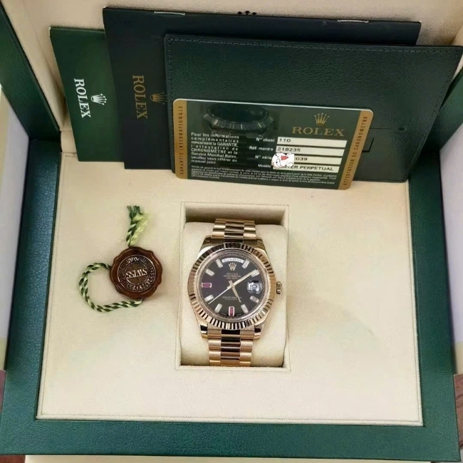 Rolex Day-Date 218235 vàng hồng 18k 41mm mặt đen cọc số Diamond baguette ruby đỏ 69 5