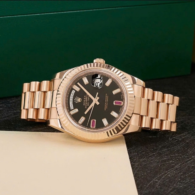 Rolex Day-Date 218235 vàng hồng 18k 41mm mặt đen cọc số Diamond baguette ruby đỏ 69 6