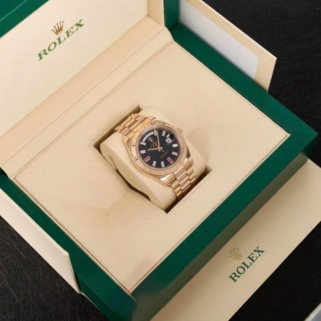 Rolex Day-Date 218235 vàng hồng 18k 41mm mặt đen cọc số Diamond baguette ruby đỏ 69 7